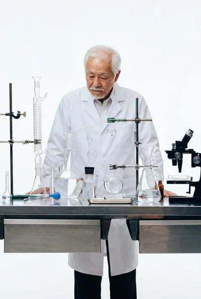 A hypochlorous acid scientist checking a batch by hand in the lab.