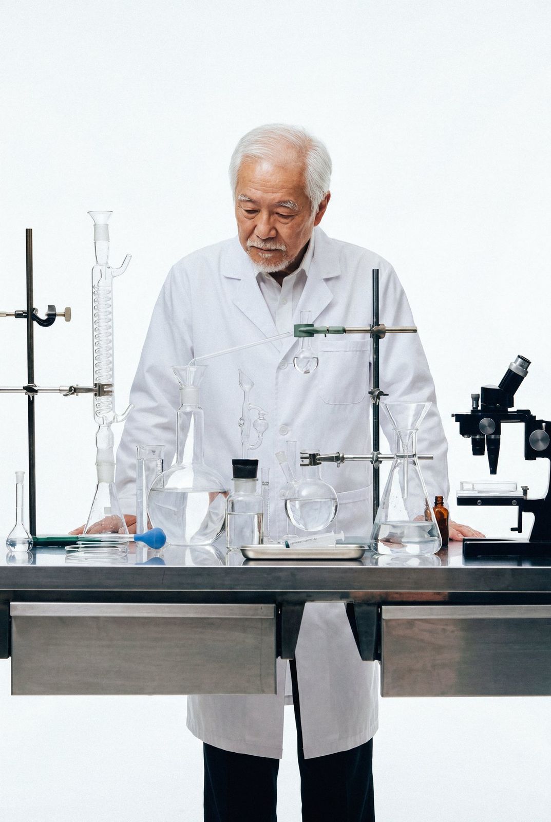 A hypochlorous acid scientist checking a batch by hand in the lab.