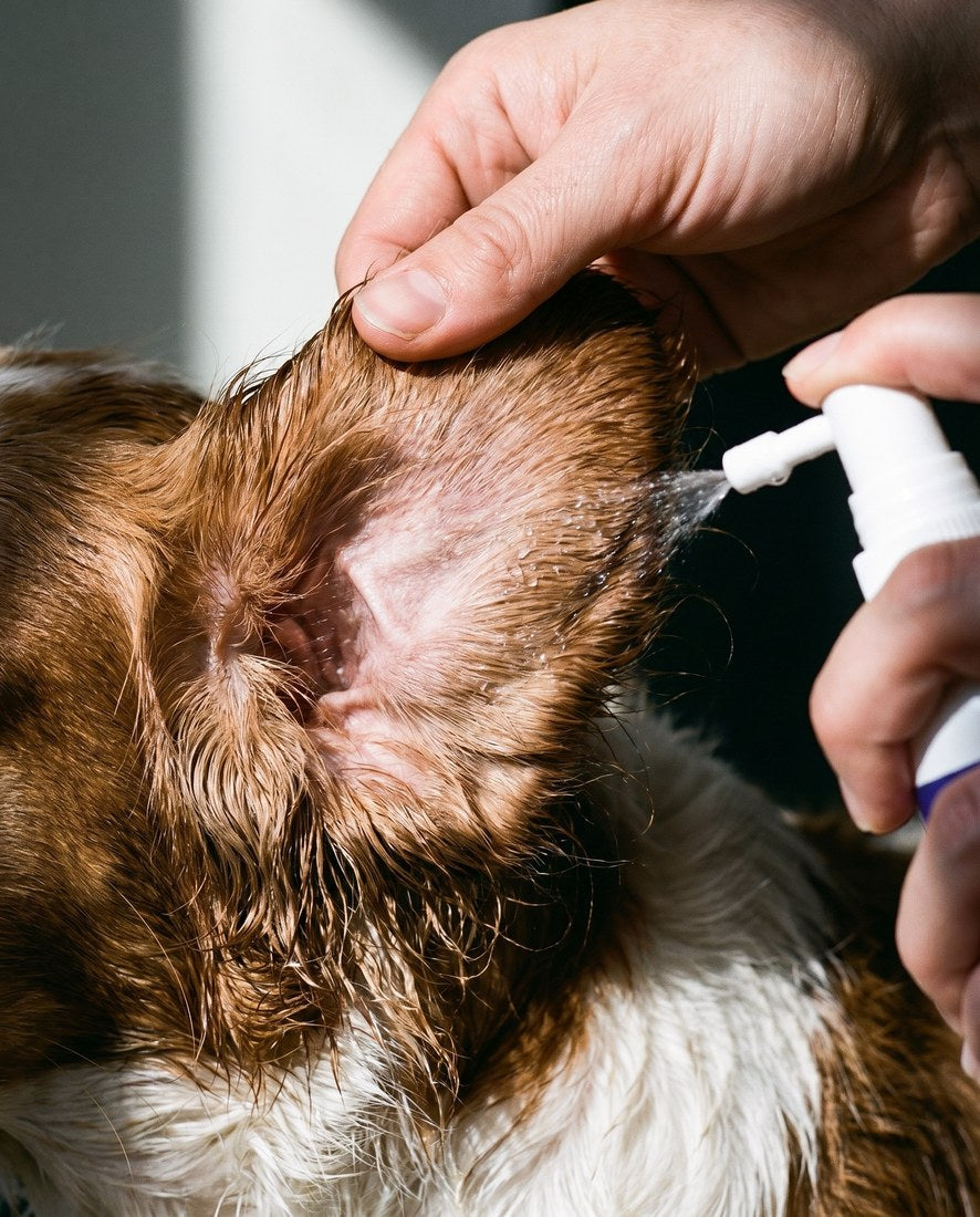 Misting around a dog's ear and ear flap