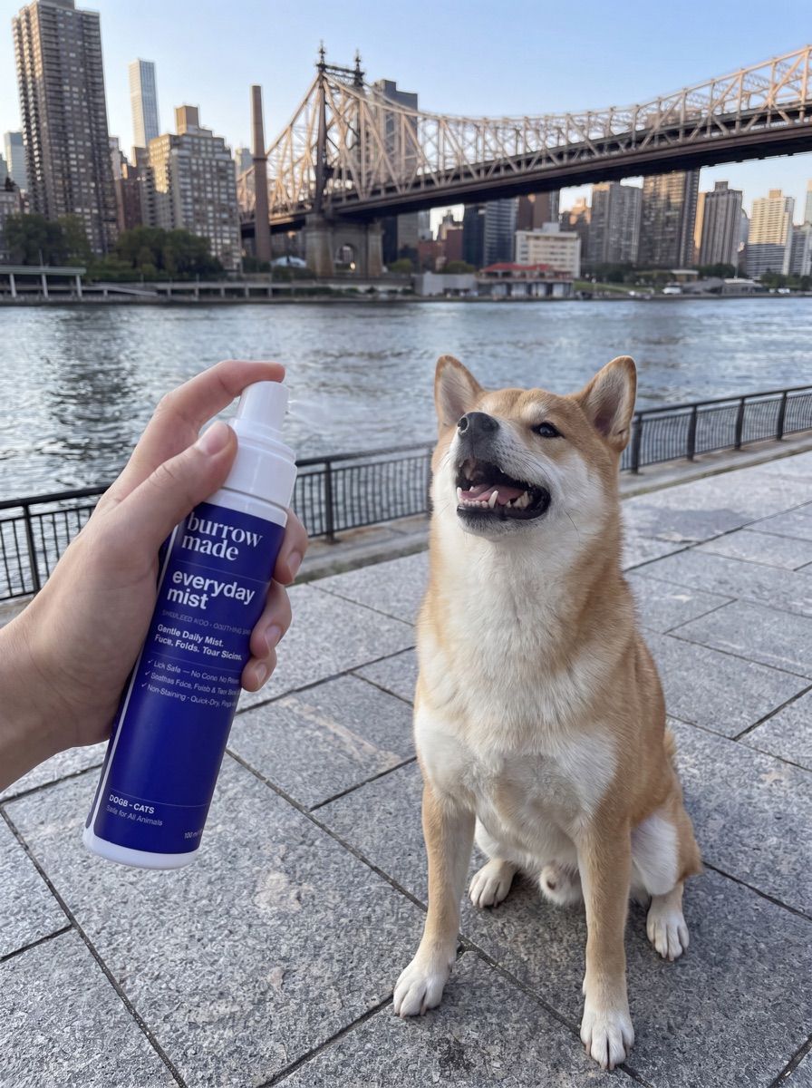 A Shiba Inu being misted with Burrow Made Everyday Mist outdoors