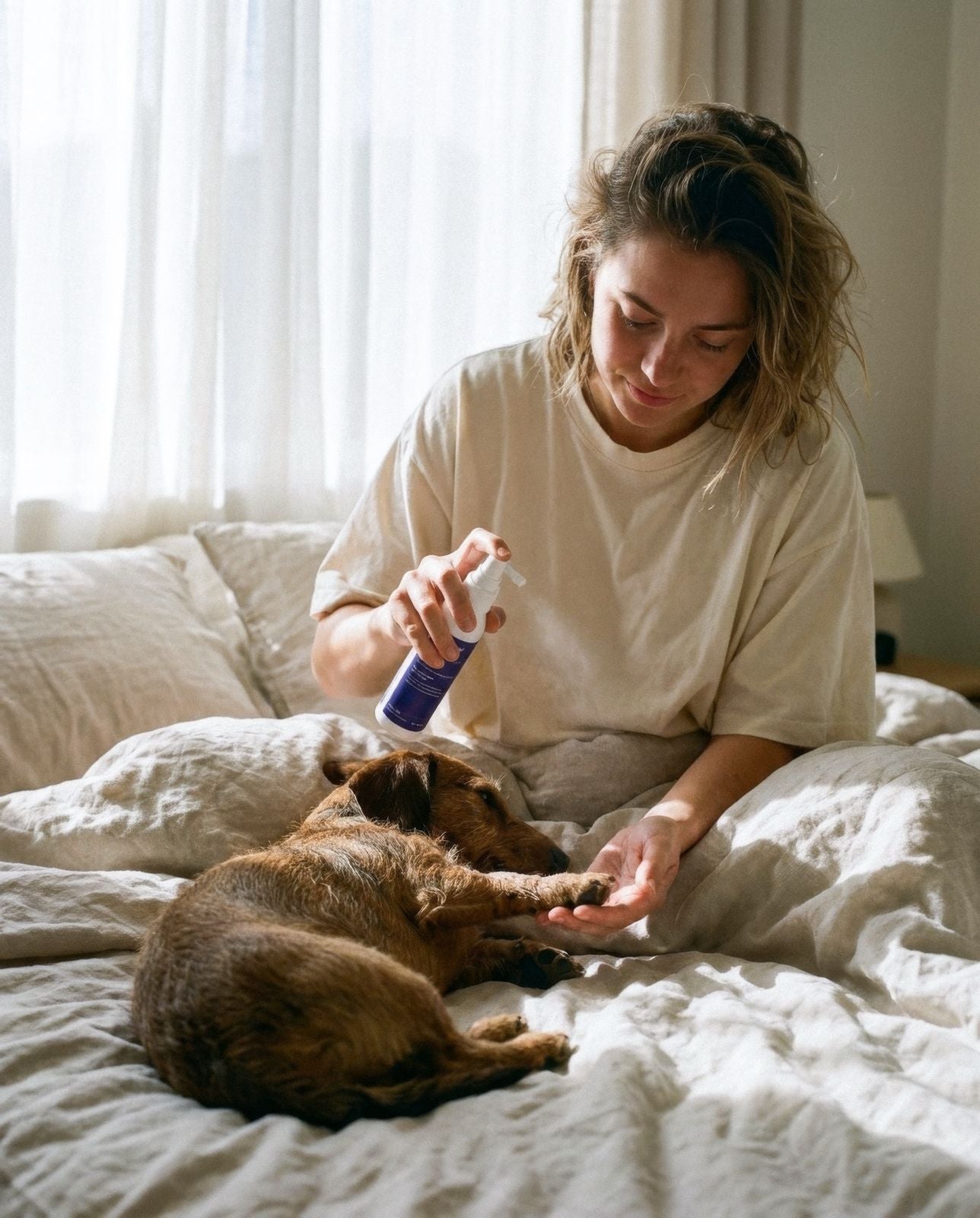 A dog owner misting Burrow Made onto her terrier at home