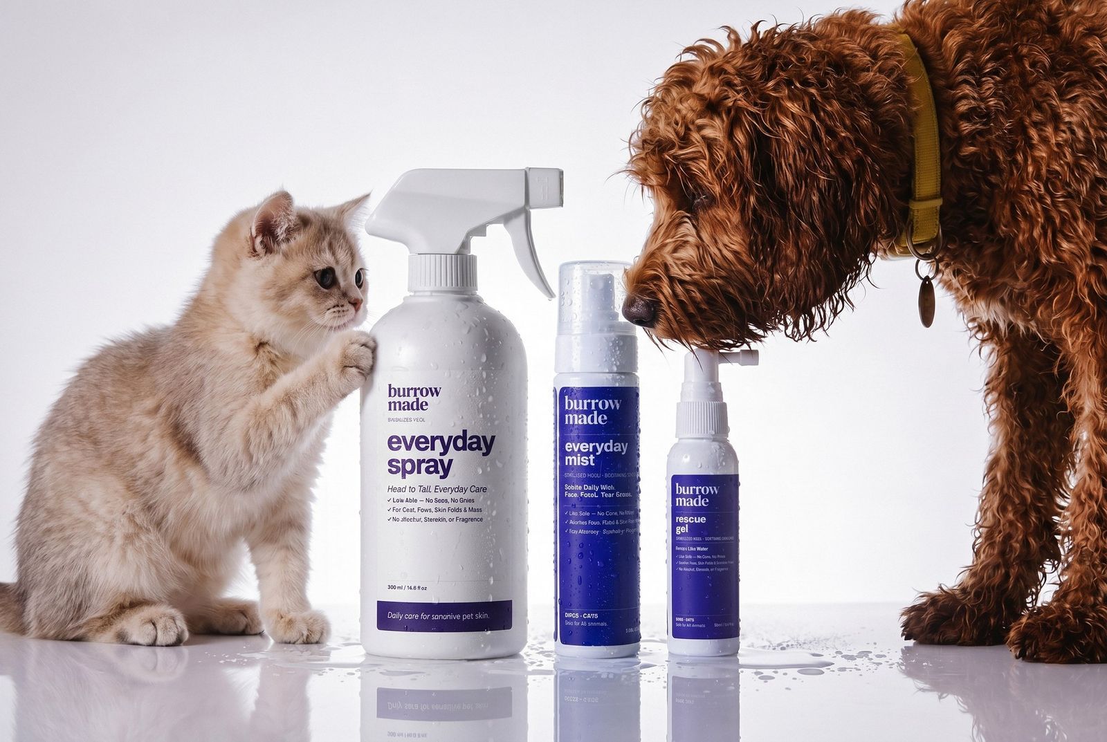 Burrow Made hypochlorous acid spray, mist, and gel with a happy dog and cat